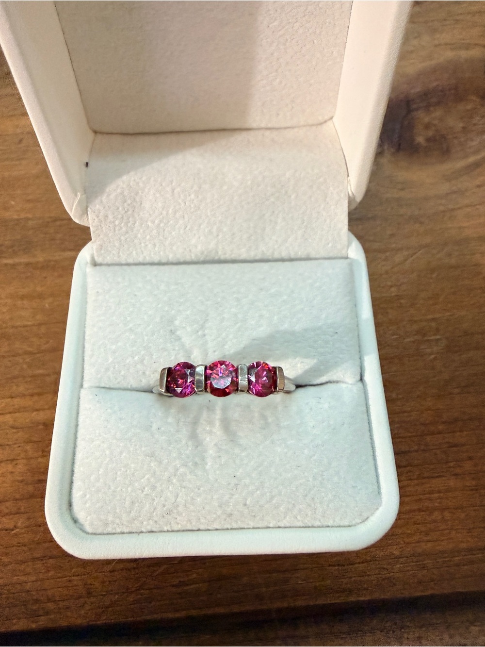 Three-Stone Simulated Pink sapphire ring
